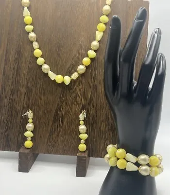 Vtg Miriam Haskell Vaseline Glass Yellow Unsigned Beaded Necklace Set Gold Fill • $480
