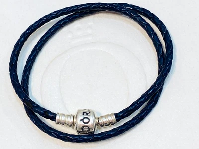 $49 • Buy Authentic Pandora Navy Blue Double Wrap Leather Braided Bracelet 34cm 590705