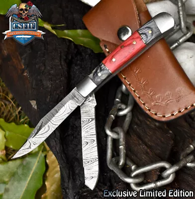 CSFIF Handmade Twist Damascus Dual Blade Folding Knife Hard Wood Liner Lock Gift • $0.99