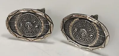 VTG Mexico ALPACA Signed Aztec Mayan Calendar SunGod 925 Sterling Cufflinks Oval • $21