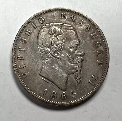 1865 Italy Silver 5 Lire Vittorio Emanuele II  KM# 8.1 • $65