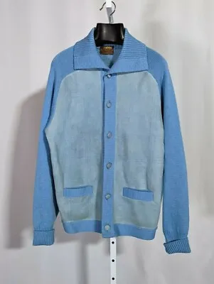 Vintage 60s 70s Powder Blue Mod Suede Leather Knit Sweater Canada Lebowski Large • $299.08