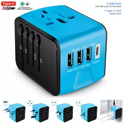 $25.99 • Buy International Travel Power Adapter 3 USB & Type-C Charger US/UK/EU/AU Converter
