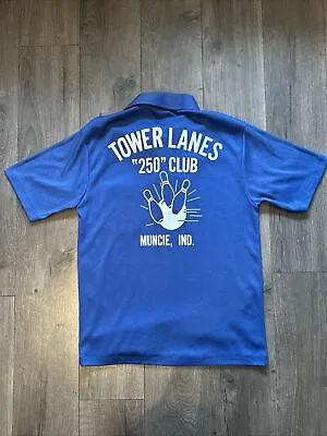 VTG Tower Lanes 250 Club Bowling Grenoble Polo Shirt M Muncie Indiana Retro Blue • $19.99