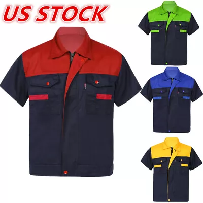 US Men's Color Block Work Shirt Short Sleeve Shop Shirt Motor Mechanic Uniform • $19.13