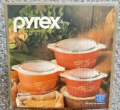 NEW In BOX Vintage Pyrex Autumn Harvest 3 Pc Casserole Bowl DISH Set  480-49 • $30