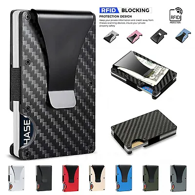 Slim Credit Card Holder Mens Carbon Fiber RFID Blocking Clip Wallet Money Metal • $10.32