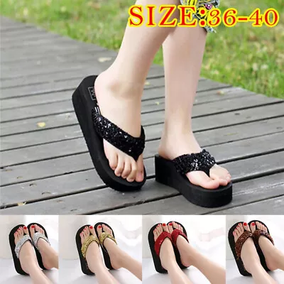 Womens Flip Flops Sandals Ladies Summer Beach Sequins Toe Post Wedge Shoes UK • £6.57