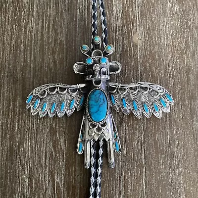 Vintage Bolo Tie Kachina Owl Faux Turquoise Silver Tone Aztec Southwest • $48.95