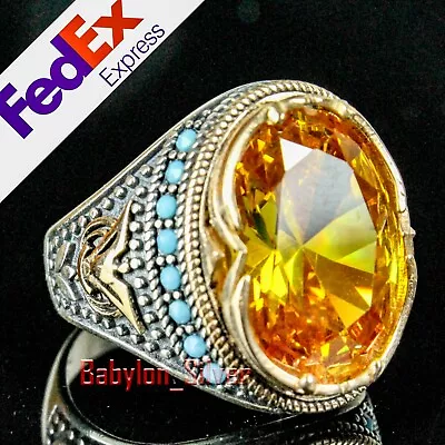 Turkish 925 Sterling Silver Yellow Citrine Stone Mens Luxury Ring All Sizes • $52.11