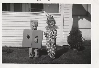 Vintage Snapshot: Kids In Clown And Homemade Box Halloween Costumes • $24.95