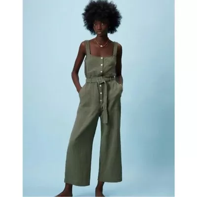 Zara Green Belted Textured Sleeveless Jumpsuit Medium • $32