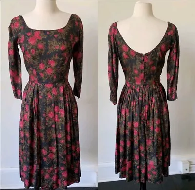 Vintage Mid Century Mod Red And Black Midi Silk Floral Dress • $75