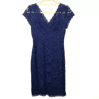 Marina Size 4 Blue Tiered Lace Beaded Cap Sleeve Cocktail Knee Length Dress  • $64.99