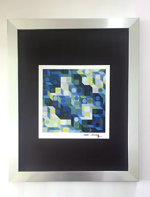VICTOR VASARELY + SIGNED GEOMETRIC ABSTRACT PRINT FROM 1970 + NEW FRAME 14x11in. • $149