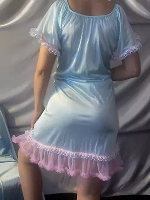 Vtg Silky Nylon Db Chiffon Baby Blue Pink Ruffles Sissy Baby Lace Nightgown • $74