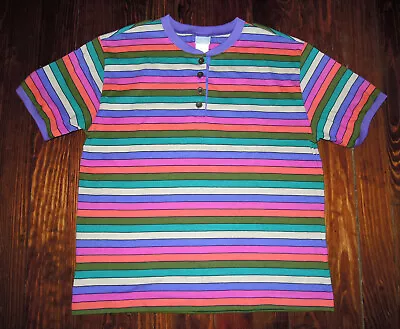 Shirt Vintage 90s Jantzen Henley Striped Rainbow Hipster Grunge Preppy Womens XL • $24.99