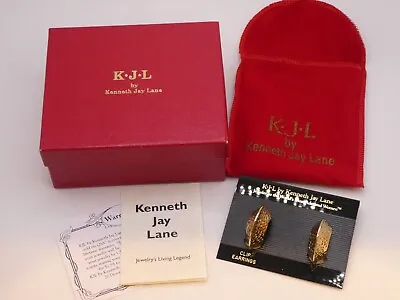 $35.99 • Buy Vtg KJL Kenneth Jay Lane Clip On Earrings Gold Hoop Textured New Red Box Pouch 