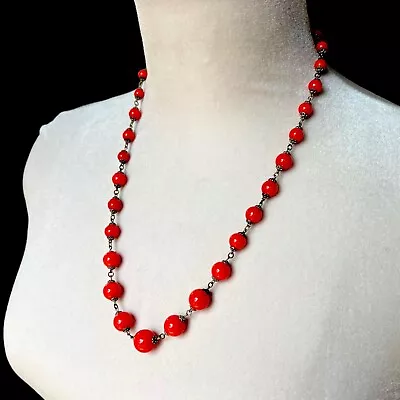 Vintage Art Deco Orange Glass Bead Necklace - Ornate Silver Spacers - Rare • $75