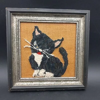 Vintage 1976 Hand Embroidered Framed Tuxedo Cat/Kitten Wall Art 9.5 X 9.5  • $23