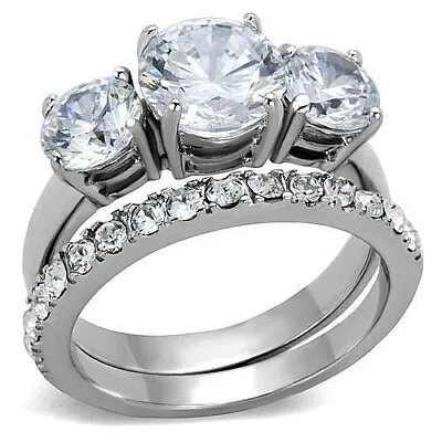 4.50 CT 3 ROUND CUT AAA CZ STAINLESS STEEL WEDDING RING SET  Size 5-10 • $19.03
