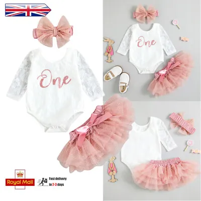 Baby Girls 1st Birthday Outfits Toddler Romper Top Tutu Skirt Headband Clothes • £11.99