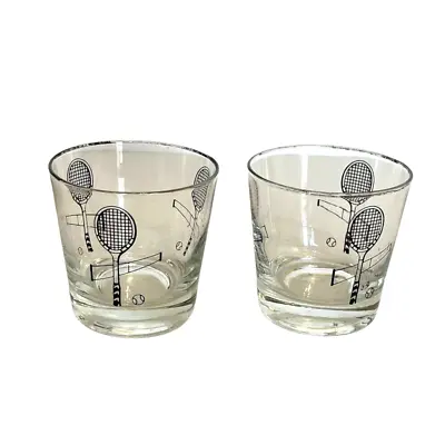 Vintage Tennis Racket Ball & Net Drinking Glasses Cocktail Juice 8 Oz Lot Of 2 • $20
