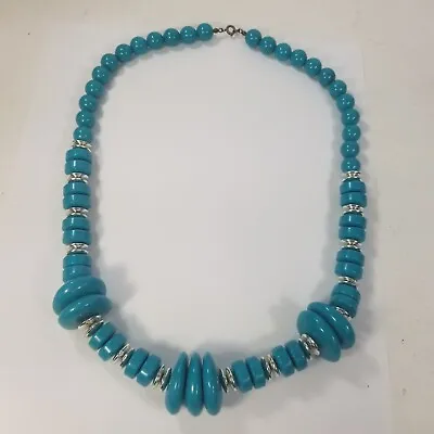 Vintage Turquoise Color & Silver Tone Beaded Chunky Boho Necklace • $19.99