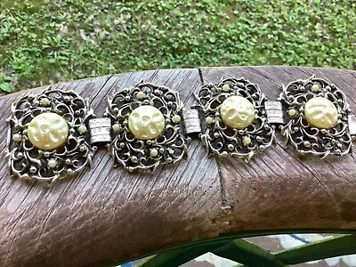 Vintage Panel Bracelet Faux Mabe Pearl Silver Tone Runway Statement Large 7 In • $20