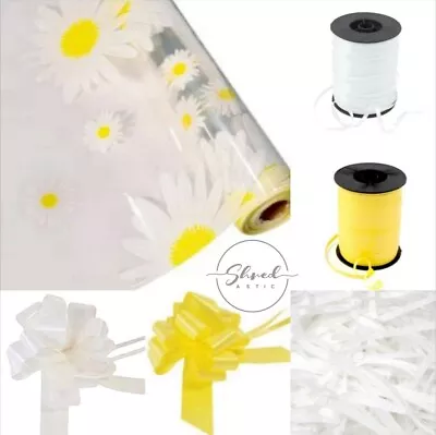 ShredAstic®️ Large Daisy Cellophane Wrap Yellow White Pull Bow Ribbon Easter • £0.99