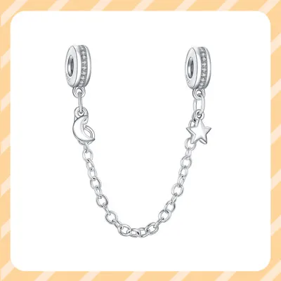 Moon Star With Zirconia Safety Chain 925 Sterling Silver Women Bracelet Charm • $15