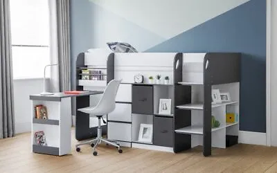 White And Grey Midsleeper With Bookcase Drawers And Pull Out Desk • £712.99