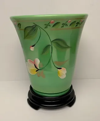 $135 • Buy Fenton Chameleon Green Flip Vase Black Base Rosenthal Collection QVC 2007