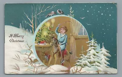 A Merry CHRISTMAS Boy On Rocking Horse Toys Vintage Postcard • $4.99