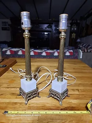 Vintage Hollywood Regency Brass & Marble Table Lamps 13.5 Pair White • $169