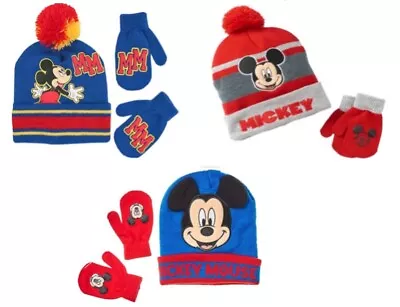  Disney Mickey Mouse Toddler Boys Knit Hat & Mitten Set NWT Blue Or Red One Size • $15.99