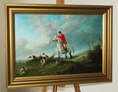 BENJAMIN LANDER Large Fox Hunting Oil Painting Huntsmen & Hounds In Countryside • £495
