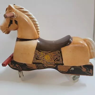 Vintage 1960s Rich Toys Plastic & Wood Ride On 4 Wheeled Rolling Toy Horse • $49