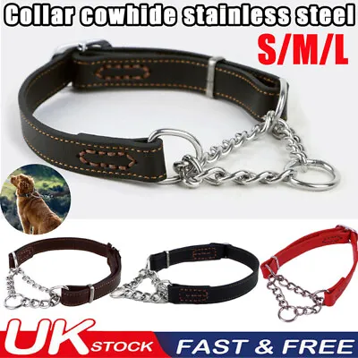 Pet Dog Half-Check Choke Leather Chain Dog Training Martingale Collar Adjustable • £12.99