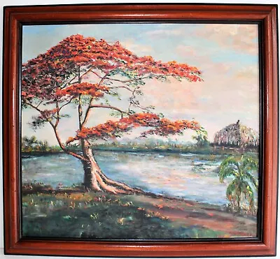Vintage Oil Painting On Canvas Signed 1985 Flamboyant Landscape Royal Poinciana • $99