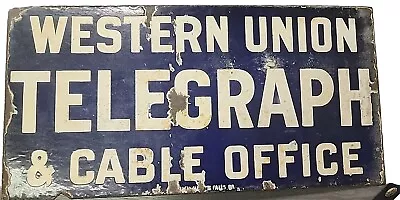 Vintage Western Union Telegraph & Cable Office Porcelain Flange Sign • $299