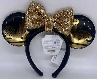 Disney 4 Parks Icon WDW Minnie Mouse Black Gold Detachable Bow Ears Headband • $34.99