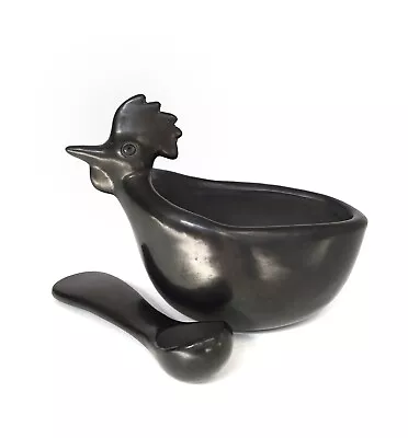 Handmade Black Oaxaca Clay Salsa Bowl W/ Rooster Head And Matching Spoon • $24.95