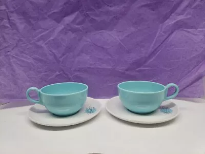 MCM Brookpark Melmac Fantasy Line Joan Luntz 2 Cups & 2 Saucers Turquoise Teal • $19.99