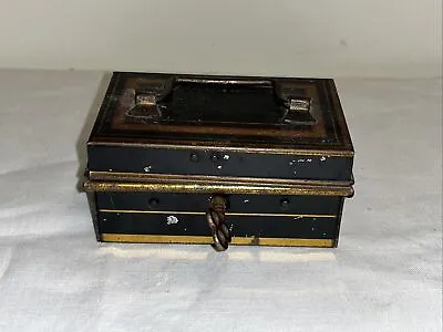 Antique 1800s Metal Cash Bankers Box English Make Small Coin Jewelry Box W Key • $55.25