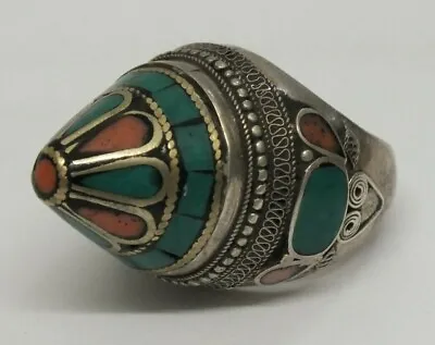 Middle Eastern Kuchi Silver Conical Ring With Turquoise And Coral Inlay Size 9.5 • $125