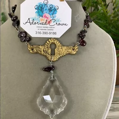 Adorned Crown Artisan Assemblage Brass Keyhole Crystal Drop Garnet Bead Necklace • $55