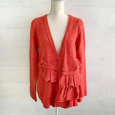 Moth. Anthropologie - Red Orange Ruffled Wool Knit V-neck Cardigan Sweater XL • $39.50