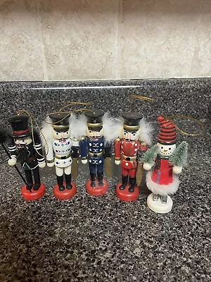 Set Of 5 Wooden Nutcracker Ornament Figures Round Bases 4.5” Tall • $14.97