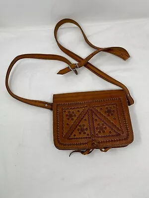 Vtg Moroccan Handmade Tooled Brown Leather Small Women's Crossbody Bag Purse • $39.99